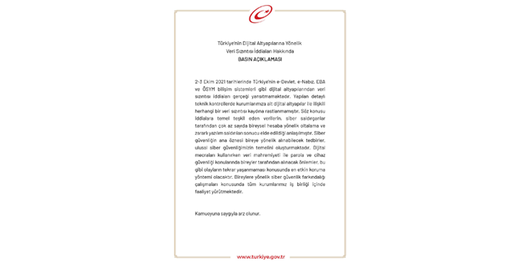 E-Devlet: Dijital altyapılardan veri sızıntısı iddiaları gerçeği yansıtmamaktadır E-Devlet: Dijital altyapılardan veri sızıntısı iddiaları gerçeği yansıtmamaktadır