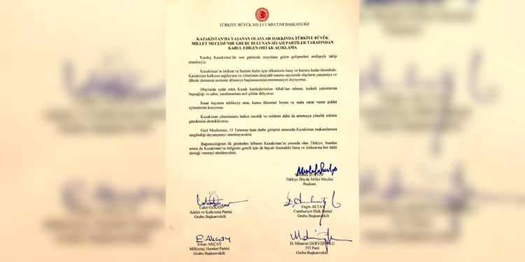 AKP, CHP, MHP ve İYİ Parti’den ortak açıklama: Kazakistan’da yapılan eylemleri kınıyoruz. AKP, CHP, MHP ve İYİ Parti’den ortak açıklama: Kazakistan’da yapılan eylemleri kınıyoruz.