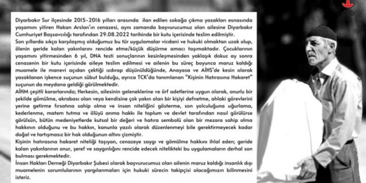 İHD Diyarbakır Şubesi’nden Arslan’ın cenazesine ilişkin açıklama İHD Diyarbakır Şubesi’nden Arslan’ın cenazesine ilişkin açıklama