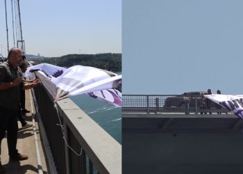 DEM Partili vekiller Boğaziçi Köprüsü’ne “Kayyım defol” pankartı astı